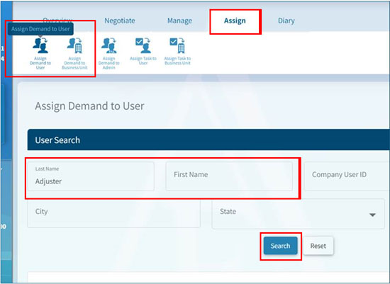 Screenshot showing Assign Demand to User options